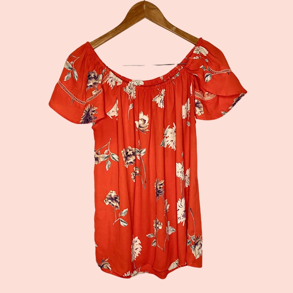 Orange floral flutter sleeve off the shoulder shirt